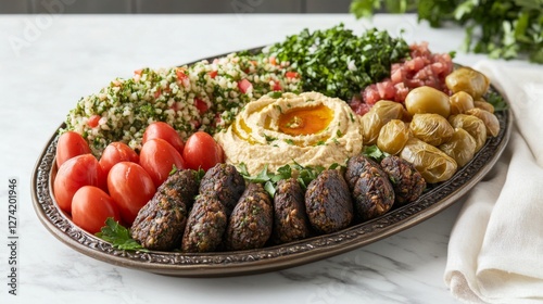 Assorted Middle Eastern Platter Displaying Hummus, Tabbouleh, Falafel, and Olives photo