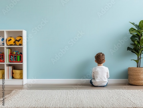 Colorful kids room with bright blue walls, fun sportsthemed decor, and vibrant toy storage photo