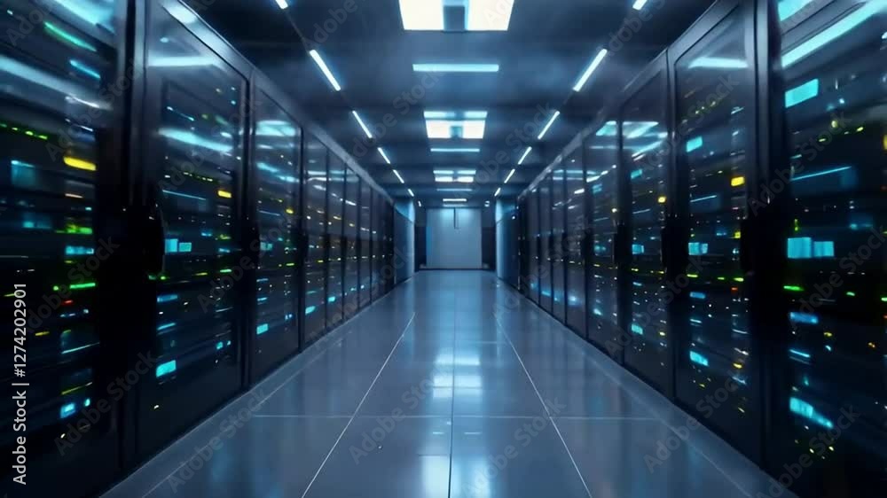 Server room in a row is a highly detailed 4K visualization of a modern data center featuring rows of sleek, high-performance servers illuminated by cool blue LED lights. Server room in a row is a highly detailed 4K visualization of a modern data center featuring rows of sleek, high-performance servers illuminated by cool blue LED lights.