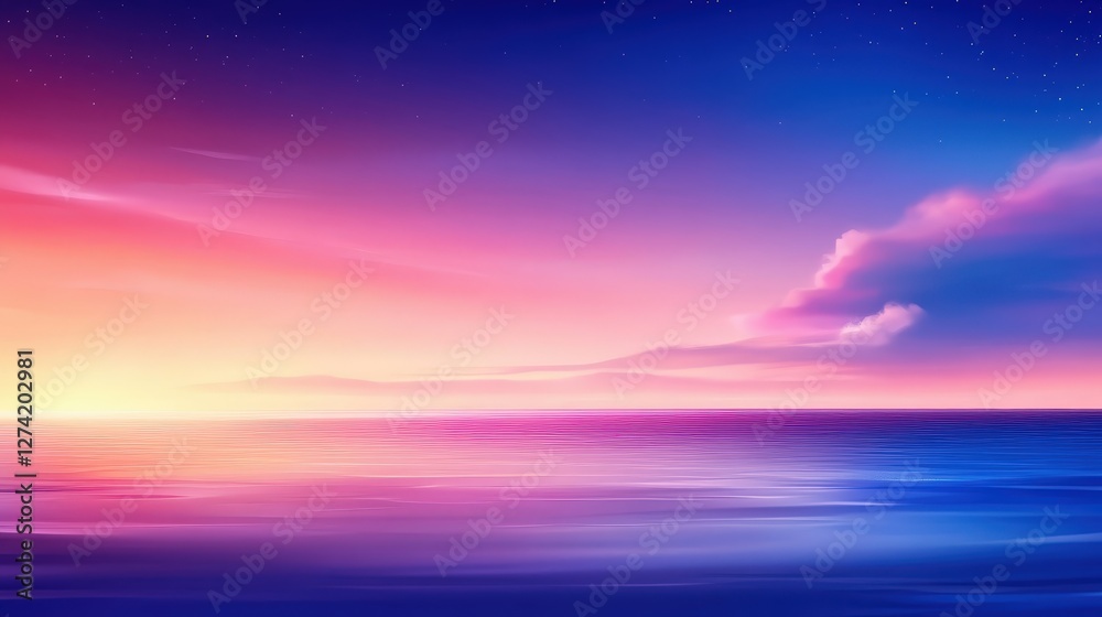 Obraz premium A stunning sunset over the calm ocean, showcasing vibrant hues of purple, pink, and blue. This serene scene captures the beauty of nature and the tranquility of twilight.