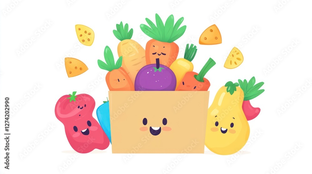 Obraz premium Happy vegetables in paper bag; white background; healthy eating