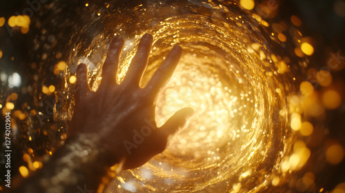 A close-up of a hand reaching into a portal of light, fingertips dissolving into pure, golden essence as they touch the surface.
