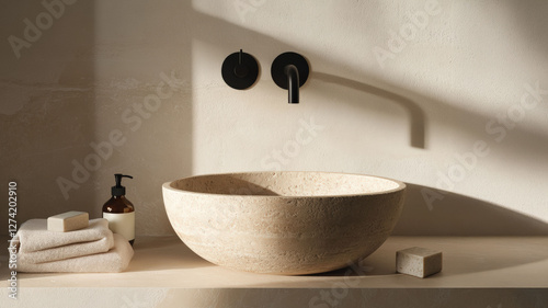 Travertine sink in minimalistic japandi bathroom, natural stone bathroom design