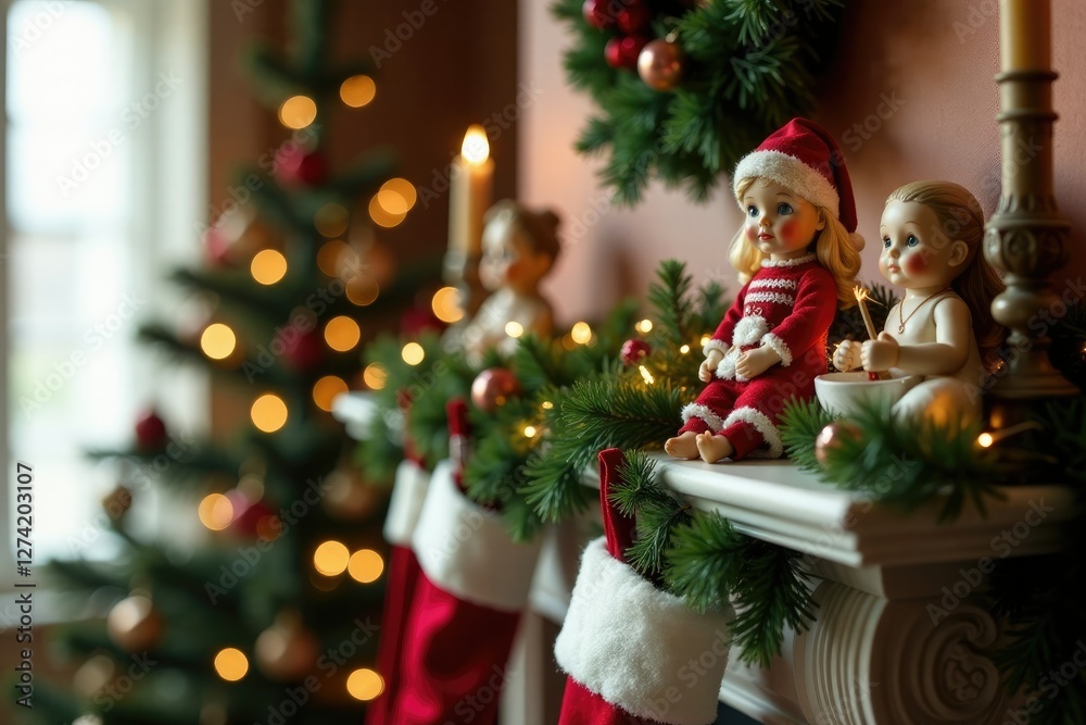 Porcelain dolls are placed on a decorated mantel with stockings hung by the chimney, swags, , holiday entertaining Porcelain dolls are placed on a decorated mantel with stockings hung by the chimney, swags, , holiday entertaining