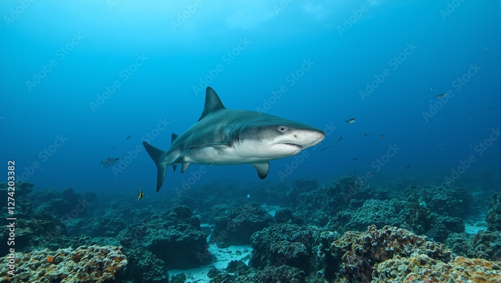 Fototapeta premium Graceful hammerhead shark navigating coral reefs with smaller fish