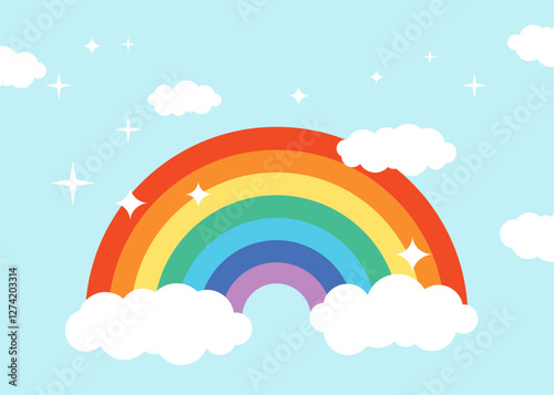 Colorful rainbow with white clouds is isolated on the blue sky background. All layered and grouped. Vector.