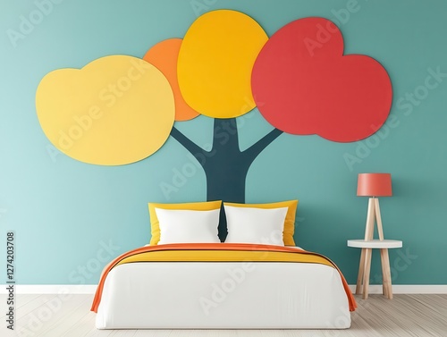 Fun kids bedroom with colorful treethemed wall mural, bright bedding, and whimsical decor photo