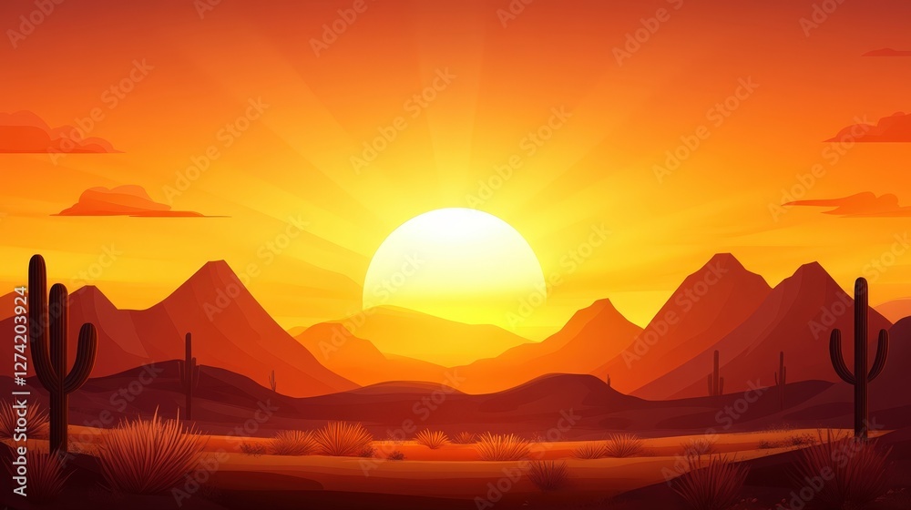 Obraz premium A vibrant sunset over a desert landscape, featuring silhouette mountains and cacti