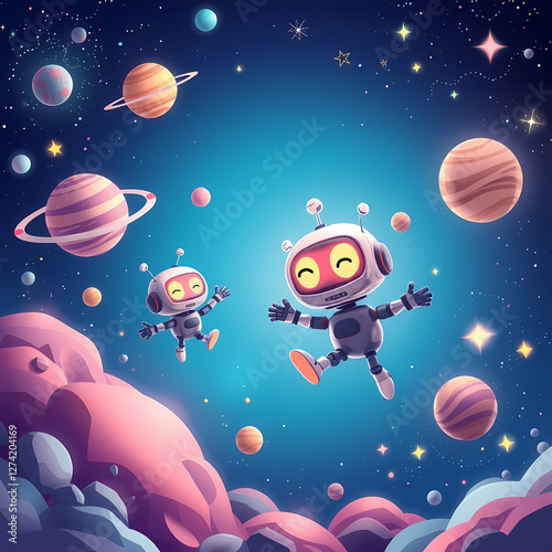 Adventurous Robots Floating Among Celestial Wonders