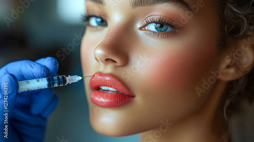A woman receiving a cosmetic lip injection from a gloved professional in a clinical setting