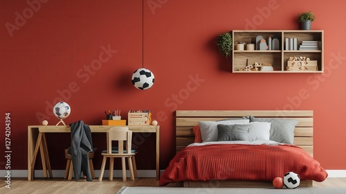 Fun kids room with bright red walls, playful sportsthemed decor, colorful furniture, and bold bedding photo