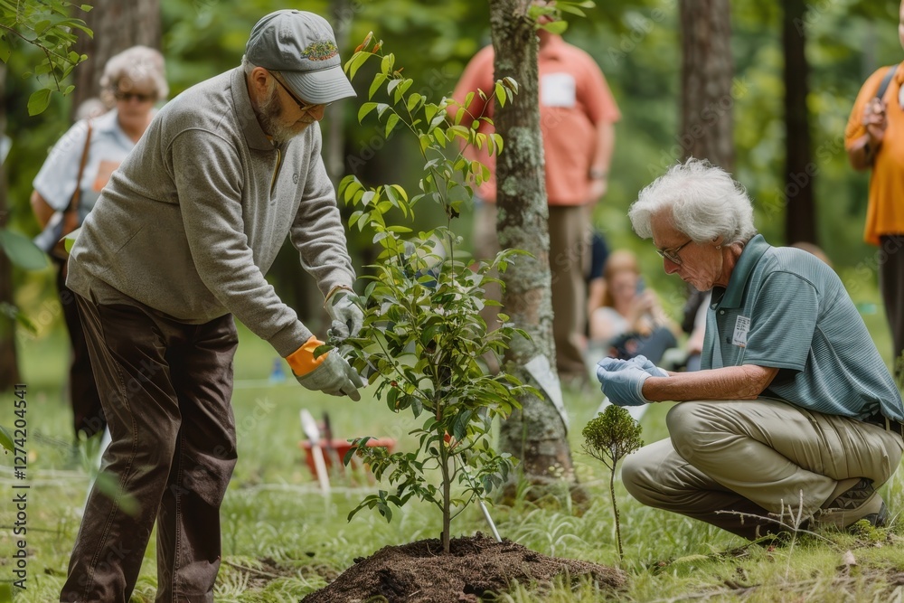Fototapeta premium Community volunteers participate in tree planting activity on a sunny day in a local park to promote environmental sustainability and enhance green spaces