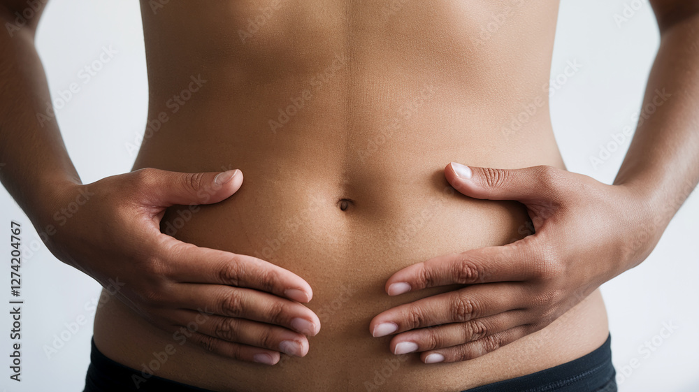 A close-up view of a person's torso with hands gently placed around the belly button, symbolizing calm, self-care, and connection to one's body. A close-up view of a person's torso with hands gently placed around the belly button, symbolizing calm, self-care, and connection to one's body.