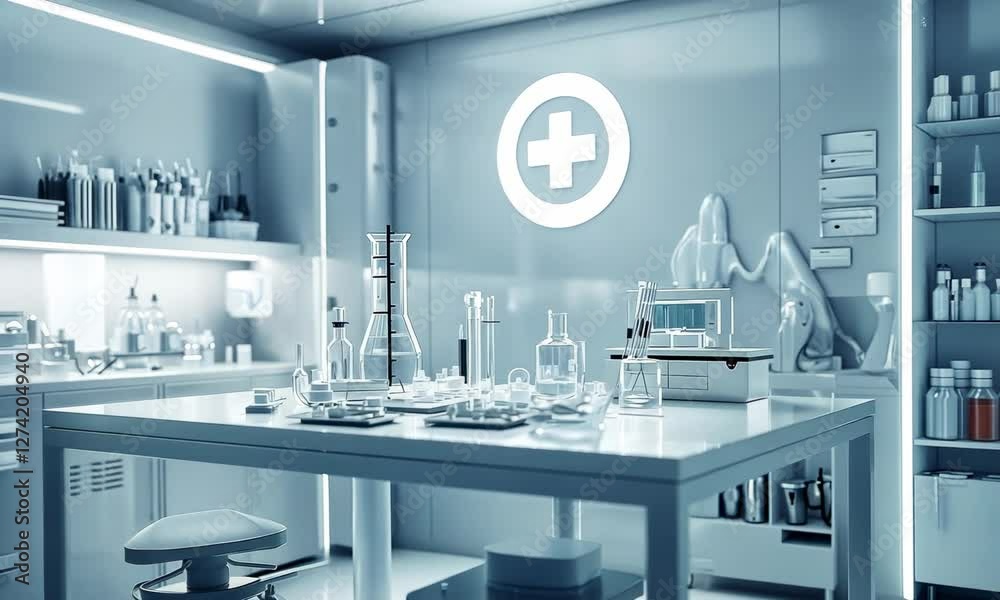 A white science laboratory background with the nurse symbol prominently featured, positioned on a clean laboratory bench with scientific apparatus and a spotless environment