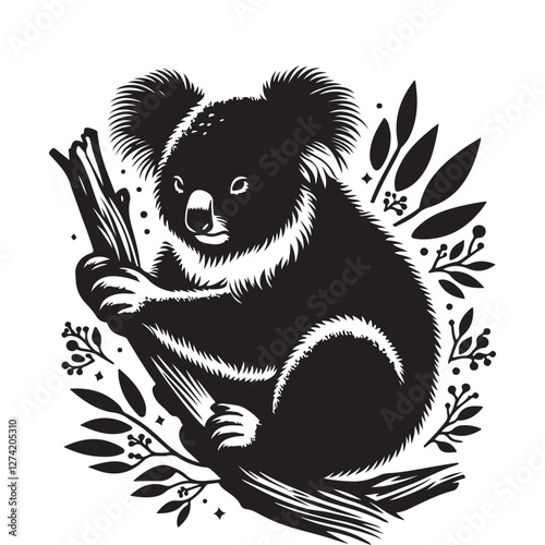 Cute Koala Clipart, A Koala Hanging Upside Down Illustration in black and white 