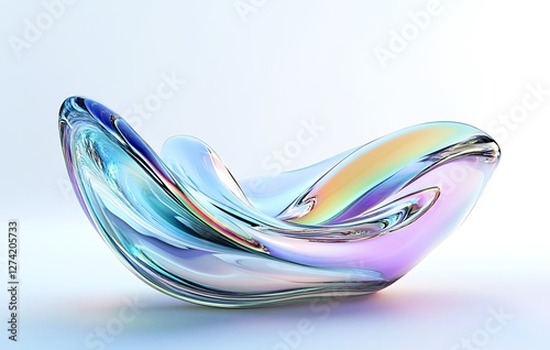 3D render of flowing glass, holographic colors, floating in air, on a white background, with reflections of a blue sky, smooth curves, elegant, fluid lines