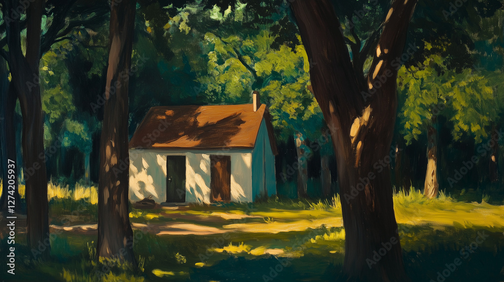 Beautiful painting of a house in the middle of a forest, pastel colors Beautiful painting of a house in the middle of a forest, pastel colors