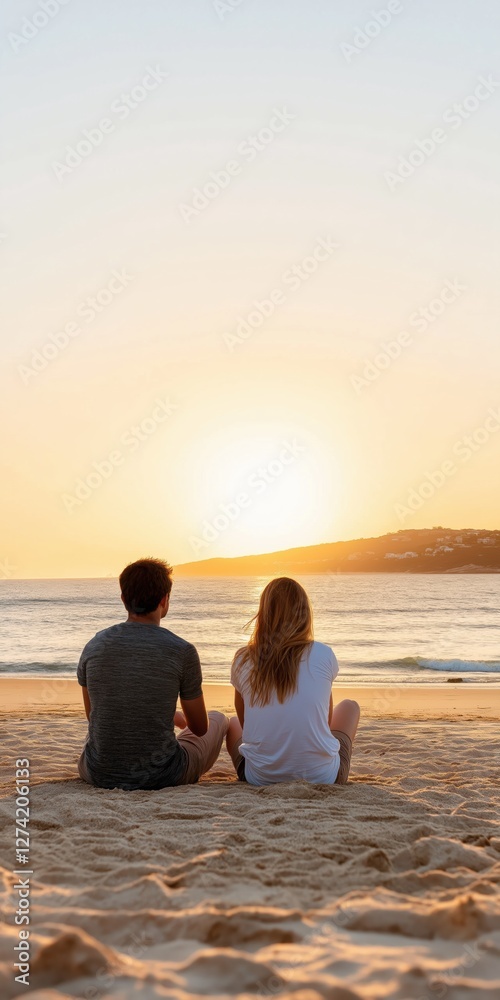A couple is sitting on the beach, watching the sun set. Scene is peaceful and romantic A couple is sitting on the beach, watching the sun set. Scene is peaceful and romantic