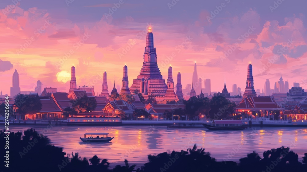 Fototapeta premium A serene sunset illuminates a city skyline featuring pagodas and temples along a river, creating a tranquil and picturesque scene.
