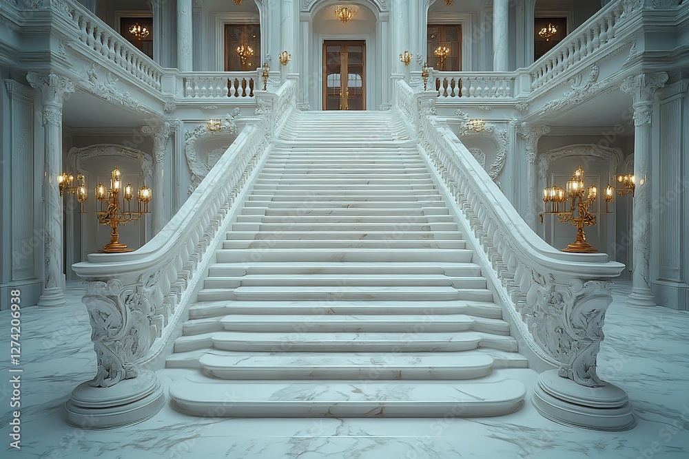 Obraz premium Grand Marble Staircase: Luxurious interior featuring a pristine white marble staircase adorned with ornate details and golden light fixtures