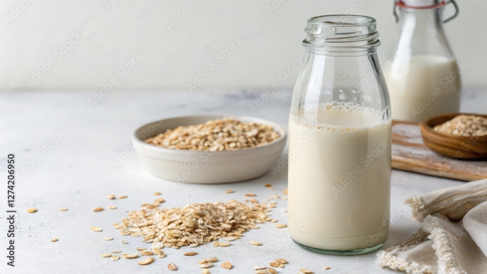 Oat Milk in Glass Bottle with Oats Oat Milk in Glass Bottle with Oats