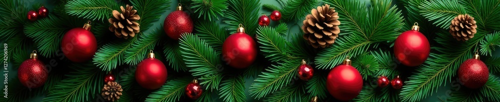 Fototapeta premium Green evergreen branches adorned with red ornaments and pinecones, ornaments, seasonal