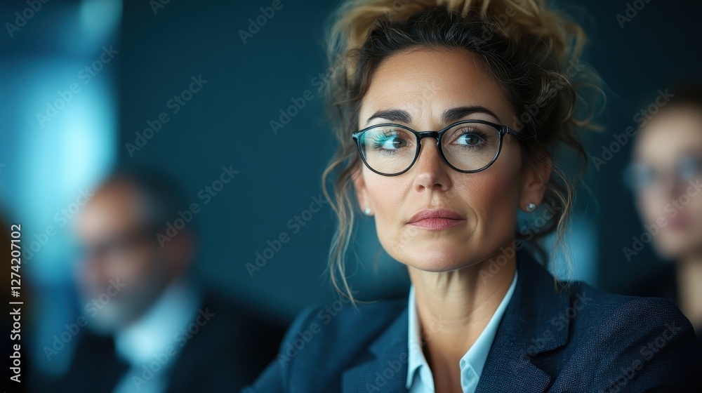 This image captures a female executive in a serious discussion, showcasing her intelligence and determination as she navigates the complexities of modern business.