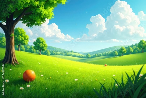 grassy field with scattered trees and a single bouncy ball on the ground, , waldflora photo