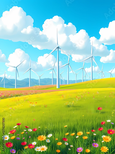 Breezy Meadow with Colorful Wind Turbines and Blooms