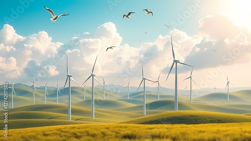 Serene Windmills Among Rolling Green Hills and Sky