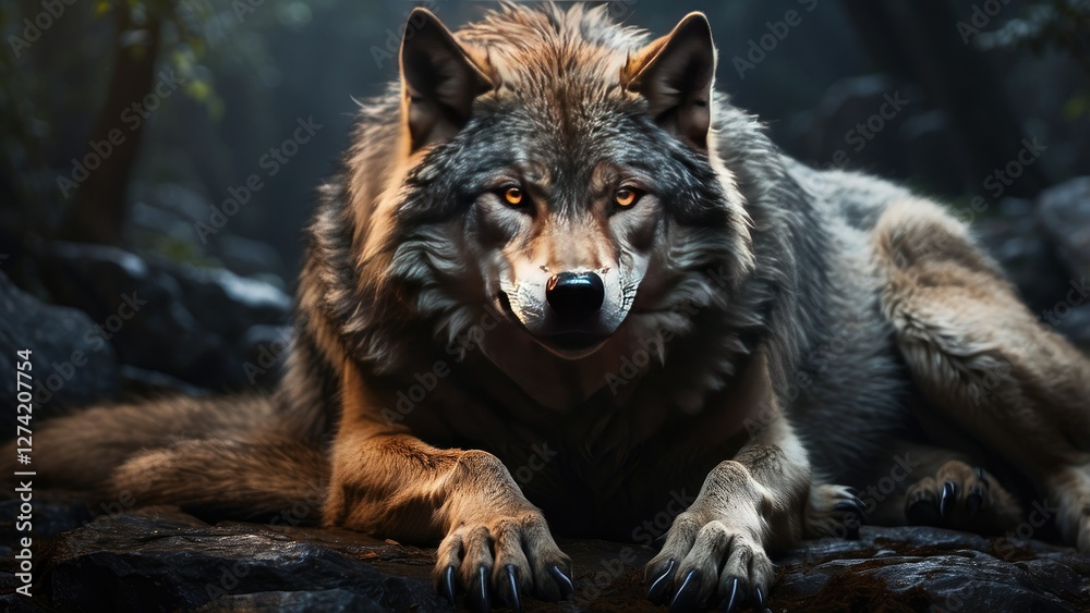 Obraz premium A digital artwork featuring two wolves facing each other.