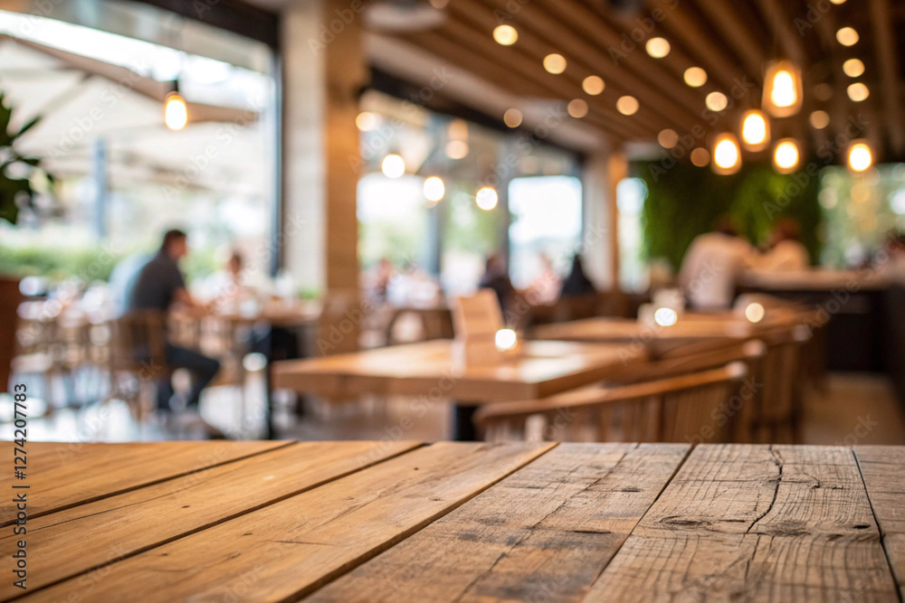 a light wooden table top with Restaurant cafe or coffee shop interior with customer blur abstract vintage style bokeh light for montage product display background a light wooden table top with Restaurant cafe or coffee shop interior with customer blur abstract vintage style bokeh light for montage product display background