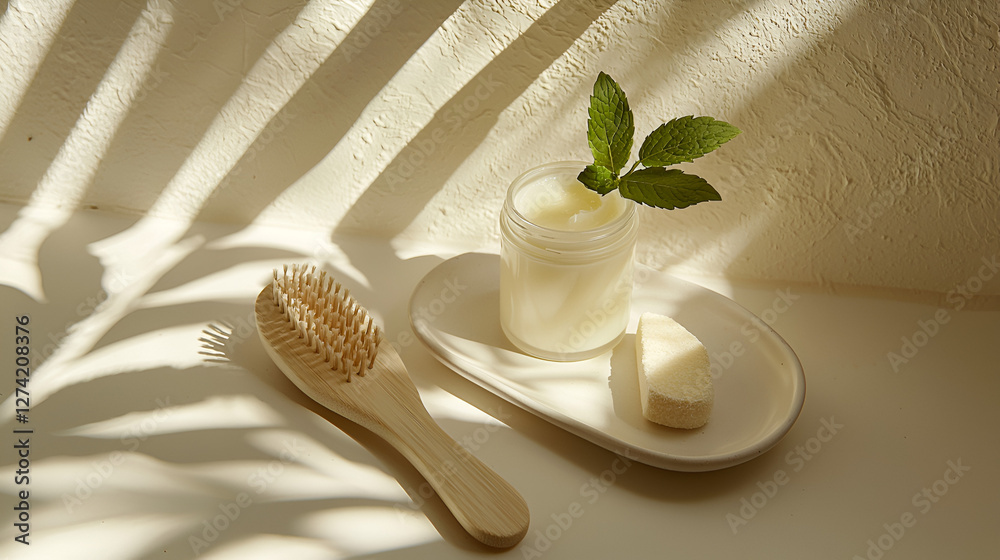 Natural personal care products on a white surface with sunlight casting leaf-like shadows on the wall. Natural personal care products on a white surface with sunlight casting leaf-like shadows on the wall.