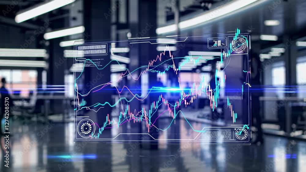 custom made wallpaper toronto digitalFuturistic video concept with a digital stock market interface overlay. Eye-level angle in a modern office setting, emphasizing technology and finance.