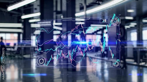 Wallpaper Mural Futuristic video concept with a digital stock market interface overlay. Eye-level angle in a modern office setting, emphasizing technology and finance. Torontodigital.ca