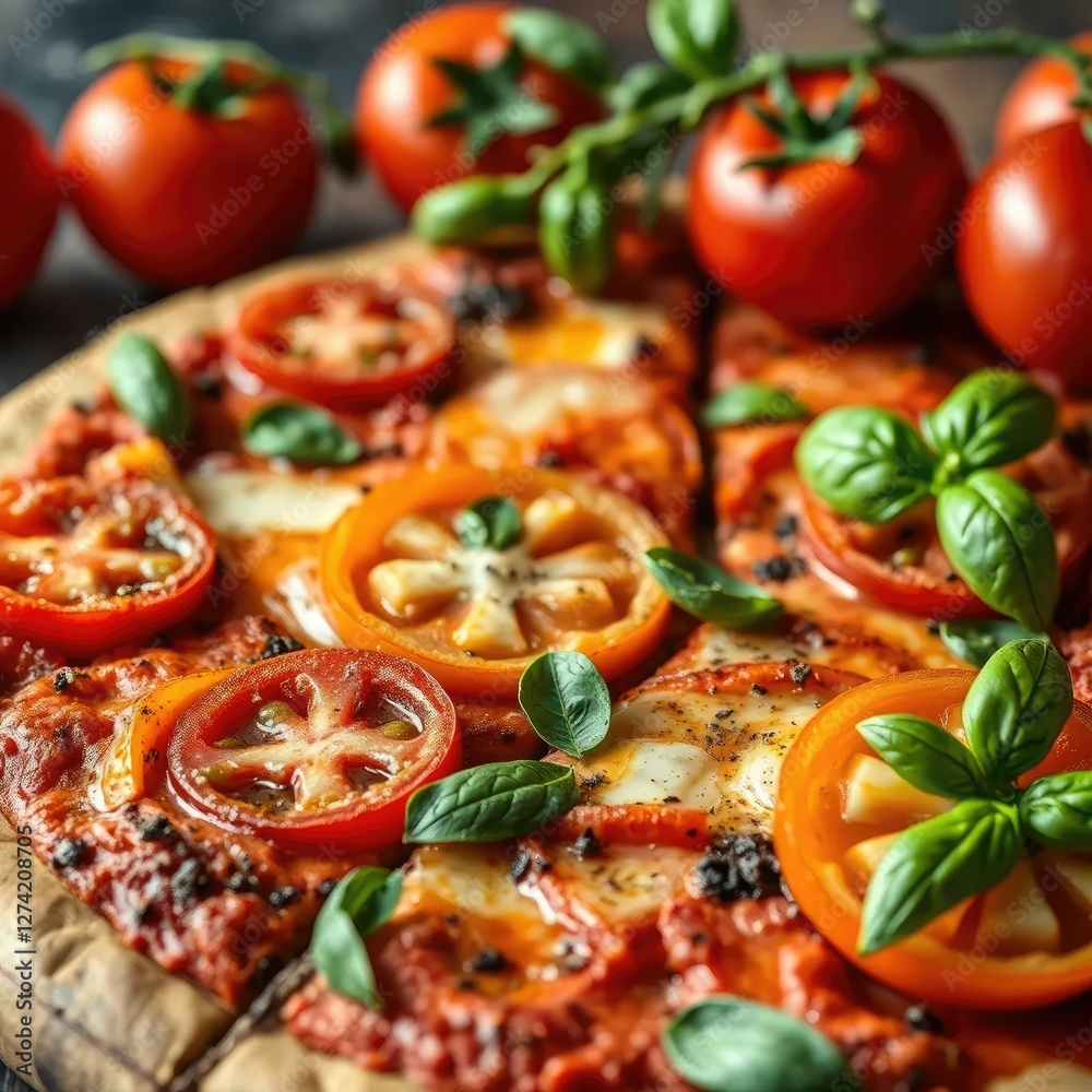 Fresh tomatoes add a burst of flavor to the pizza, flavorful, fresh Fresh tomatoes add a burst of flavor to the pizza, flavorful, fresh