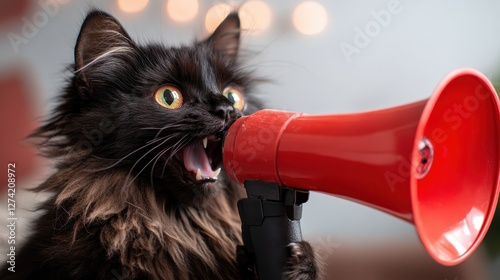 A fluffy black cat enthusiastically holds a red megaphone, showcasing a playful and humorous scene that highlights the charming personality and expressive nature of pets.
