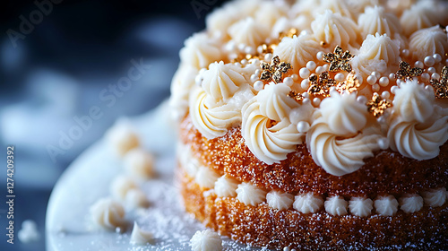 Elegant twolayered cake adorned with swirls of creamy frosting, delicate gold accents, and pearl sprinkles.  A sophisticated dessert, perfect for celebrations or special occasions. photo