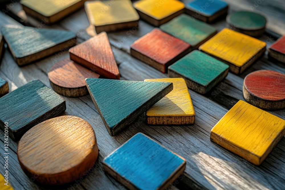 Collection of colorful wooden geometric shapes arranged on a rustic wooden surface. Collection of colorful wooden geometric shapes arranged on a rustic wooden surface.
