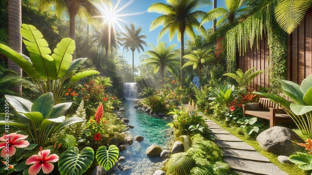 Fototapeta premium 4K Realistic Tropical Garden in Bright Daylight with A Clear Blue Sky, Widescreen 4K Resolution
