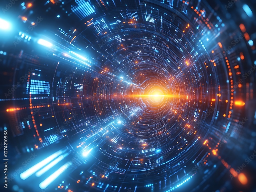 Fototapeta premium Data tunnel, digital flight, glowing background