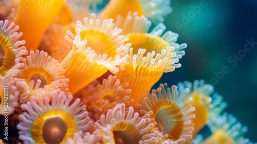 Close-up of vibrant coral anemones in a marine environment.  Possible use Stock photo for nature, marine life, or aquarium photo