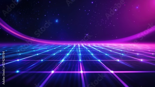 A vibrant digital landscape featuring neon grid lines illuminating the floor beneath a starry sky, evoking a sense of retro-futuristic, high-tech ambiance perfect for creative proj photo