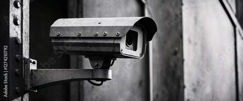 Rust weathered metal video surveillance camera installed outdoors, set against dull concrete wall