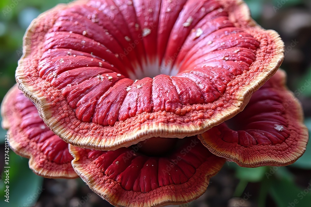 Close-up of vibrant red and beige mushroom, detailed texture, stacked layers Close-up of vibrant red and beige mushroom, detailed texture, stacked layers