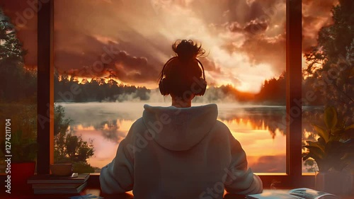 A girl wearing headphones watching a fiery sunset over a misty lake from a window. Seamless looping time lapse animation video background.  
