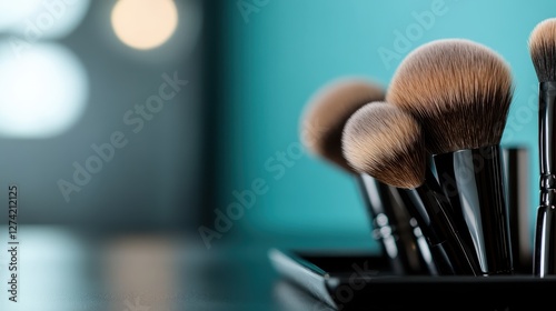 An artistic display of beauty brushes in a minimalistic setting, emphasizing their soft bristles and stylish design, perfect for enhancing makeup artistry and personal care routines.