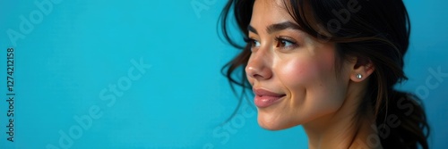 Descripci?n de una mujer morena con cabello rizado y sonriendo mientras mira la c?mara en un fondo azul claro, rostro alargado, fondo azul