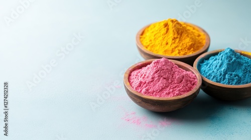 Beautifully arranged fine colored powders in wooden bowls, presenting a harmonious display of vibrant hues that evoke creativity, artistic expression, and cultural significance. photo