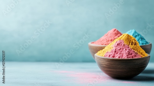 Two bowls filled with a vibrant mountain of colored powders, elegantly displayed, inviting creativity, artful expression, and the joy of color blending against a soft background. photo